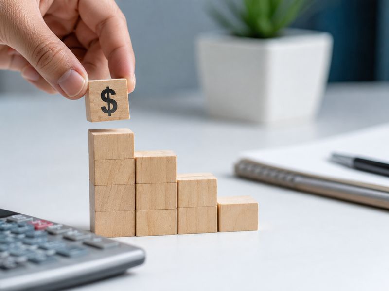 Descending cost staircase made of wooden blocks with dollar sign