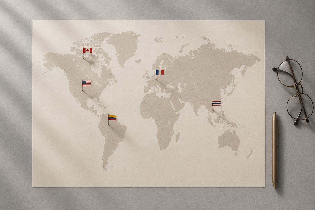 World map with flag pins marking top healthcare destinations including Colombia, USA, Canada, France, and Thailand